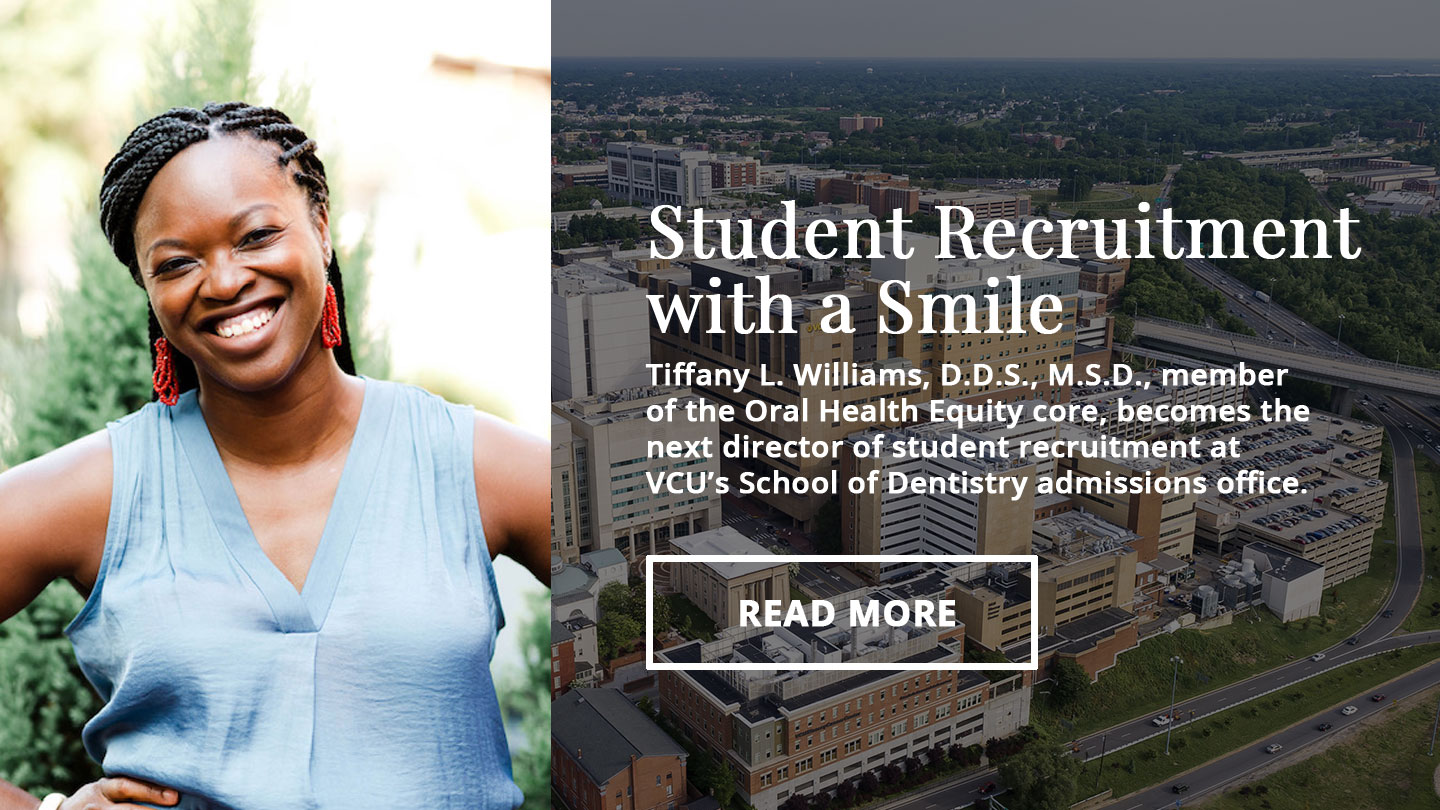 Image of Tiffany Williams, DDS superimposed against an arial photo of VCU MCV campus